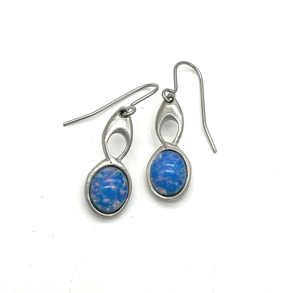 St Justin Cornish‎ Pewter Blue Faux Opal Celtic Drop Earrings Handcrafted UK